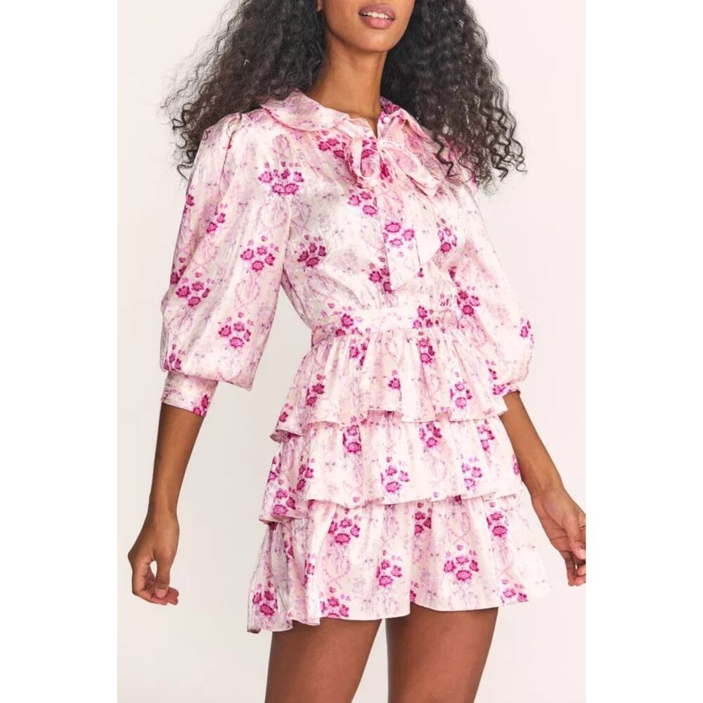 New LoveShackFancy Daly Dress Pink Floral Ruffle Layered Zip Long Sleeve Sz 10